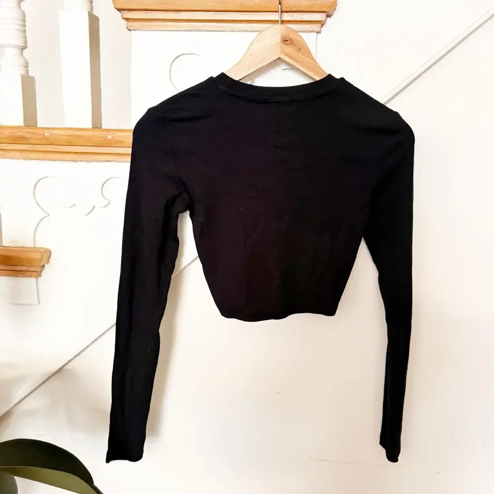 Copied - Zara Long Sleeve Black Crop Top Cotton Blend Crewneck Pullover Size S